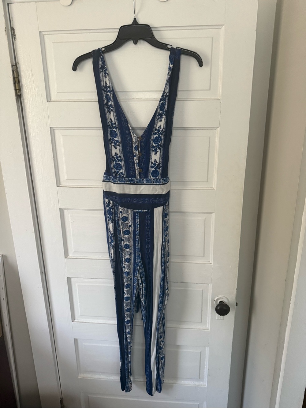 Free People Blue and White Printed Deep V Jumpsuit